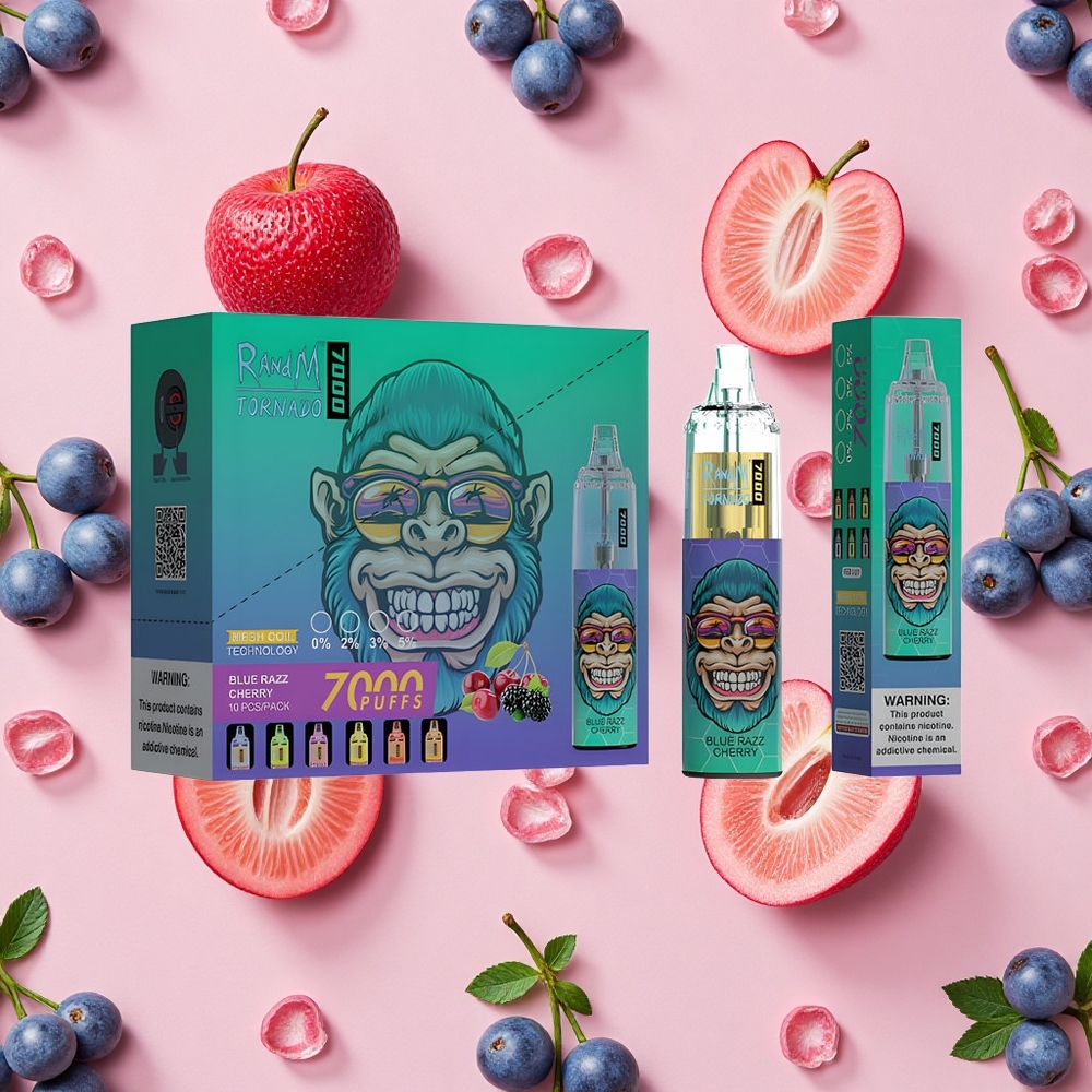 RandM Fumot Tornado 7000 Puffs Vape Jetable Bleu Framboise Cerise (14 ML E-liquide)