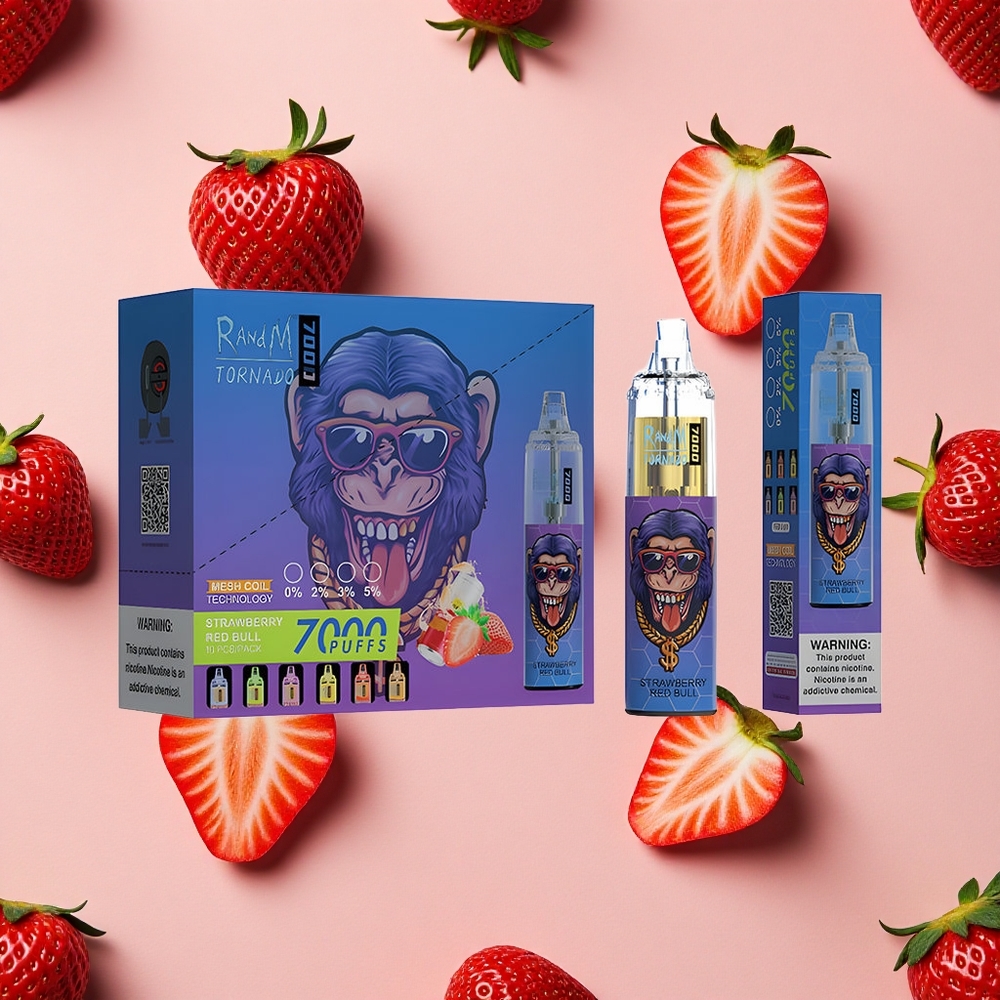 RandM Fumot Tornado 7000 Puffs Vape Jetable Fraise Red Bull.