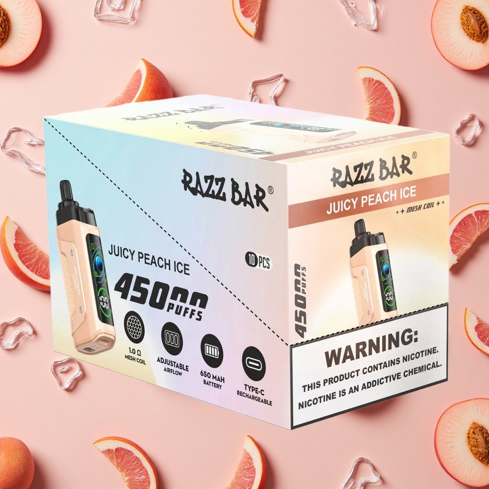Razz Bar 45000 Puffs Vape Jetable Pêche Juteuse Glace avec Bobine Mesh 1.0 Ohm