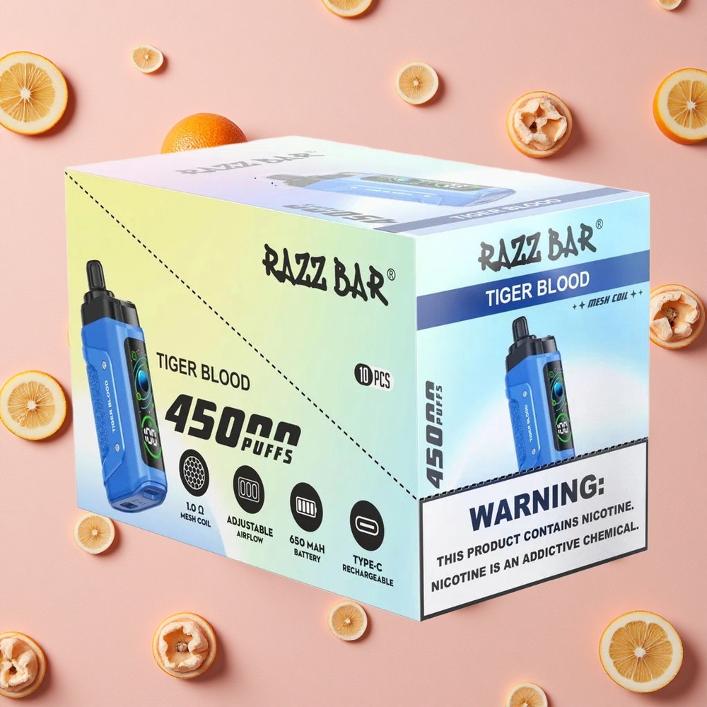 Razz Bar 45000 Puffs Vape Jetable Sang de Tigre avec Bobine Mesh 1.0 Ohm