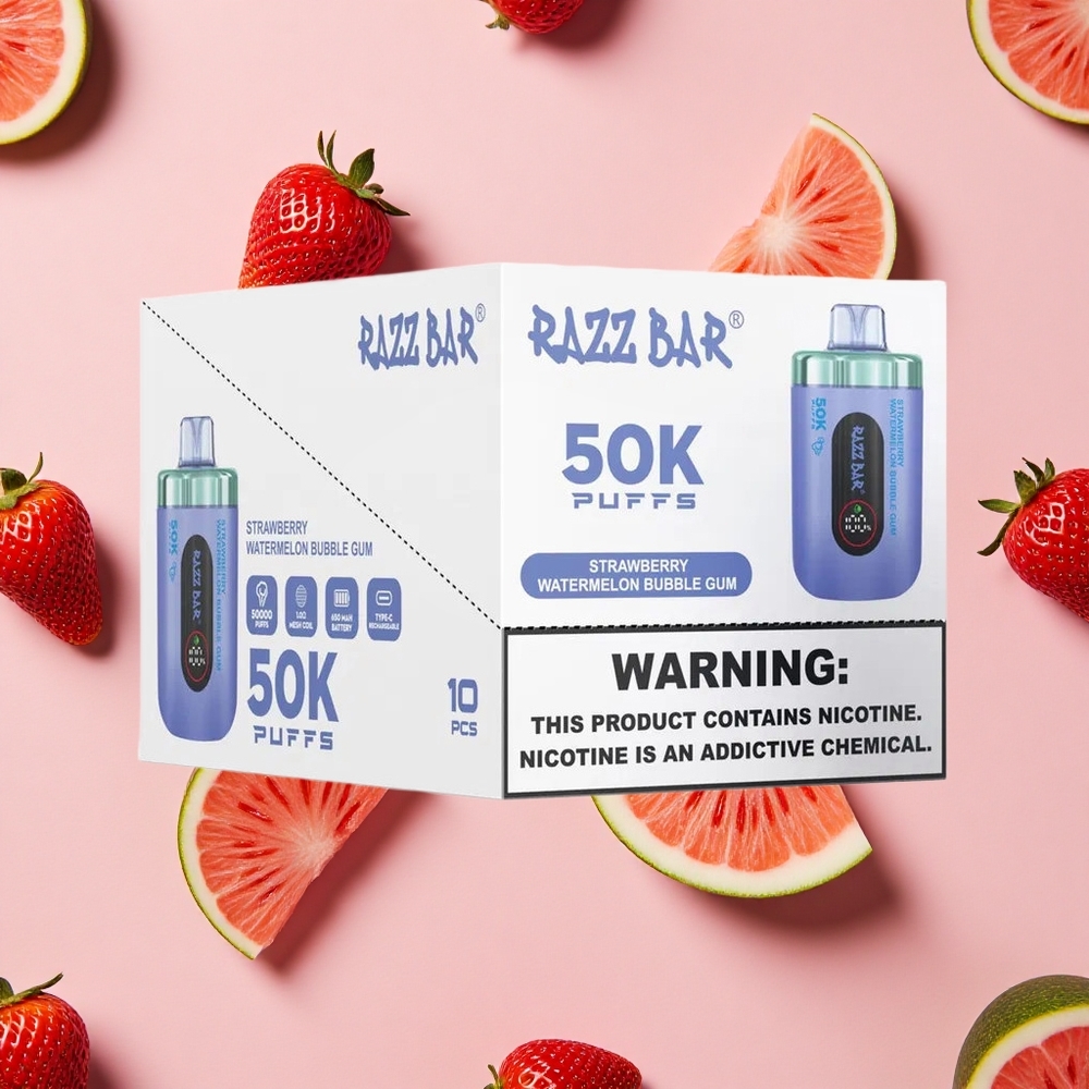 Razz Bar 50K Puffs Vape Jetable Fraise Pastèque Bubble Gum avec 2% de Nicotine