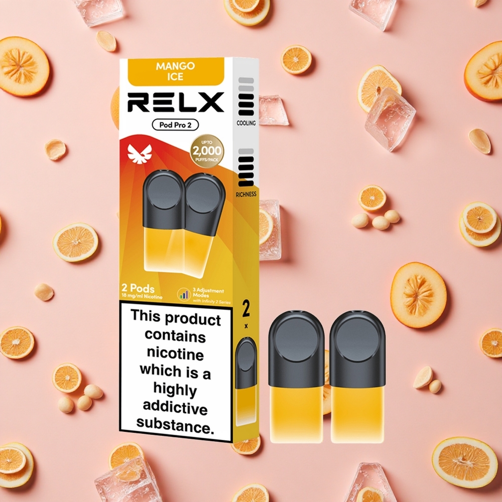 RELX Pod Pro 2 Glace Mangue avec 600 bouffées et 1,9ml Contient 18 mg/ml de nicotine